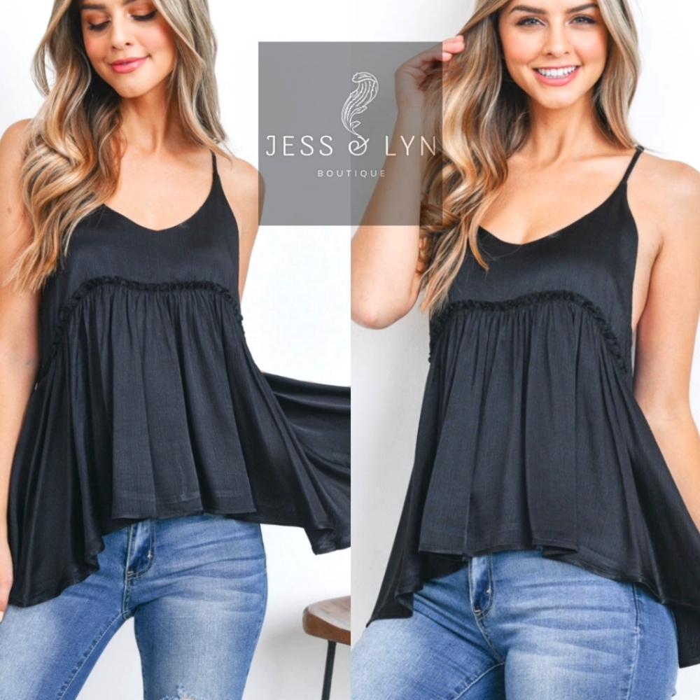 🆕 Black Flowy Babydoll Boho Tank w/Adjustable Straps